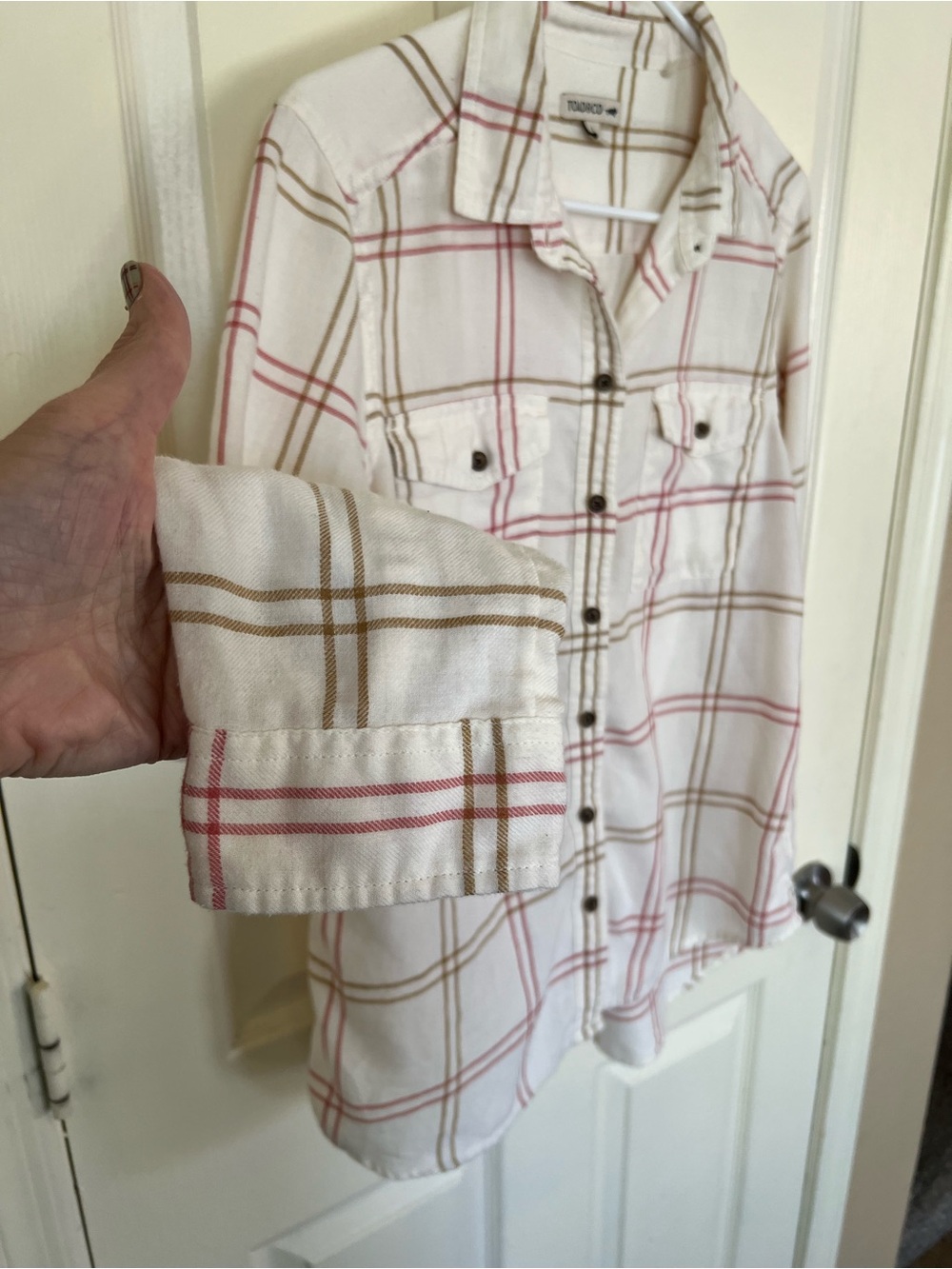 Toad&Co Re-Form Flannel Plaid Shirt Cream Pink Tan Size Large - Picture 7 of 10